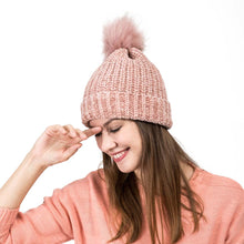 Load image into Gallery viewer, Women Rose Pink Chenille Fold-Over Beanie with Pom Pom One Size