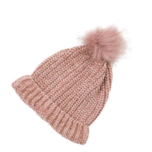 Load image into Gallery viewer, Women Rose Pink Chenille Fold-Over Beanie with Pom Pom One Size