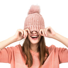 Load image into Gallery viewer, Women Rose Pink Chenille Fold-Over Beanie with Pom Pom One Size