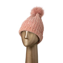 Load image into Gallery viewer, Women Rose Pink Chenille Fold-Over Beanie with Pom Pom One Size