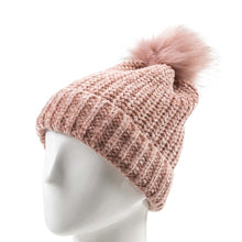 Load image into Gallery viewer, Women Rose Pink Chenille Fold-Over Beanie with Pom Pom One Size
