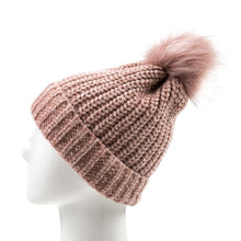 Load image into Gallery viewer, Women Rose Pink Chenille Fold-Over Beanie with Pom Pom One Size