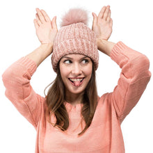 Load image into Gallery viewer, Women Rose Pink Chenille Fold-Over Beanie with Pom Pom One Size