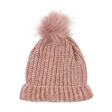 Load image into Gallery viewer, Women Rose Pink Chenille Fold-Over Beanie with Pom Pom One Size