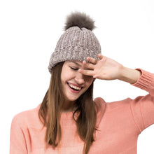 Load image into Gallery viewer, Women Grey Chenille Fold-Over Beanie with Pom Pom One Size