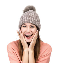 Load image into Gallery viewer, Women Grey Chenille Fold-Over Beanie with Pom Pom One Size
