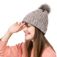 Load image into Gallery viewer, Women Grey Chenille Fold-Over Beanie with Pom Pom One Size
