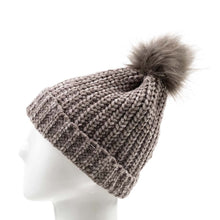 Load image into Gallery viewer, Women Grey Chenille Fold-Over Beanie with Pom Pom One Size