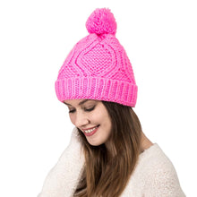 Load image into Gallery viewer, Women Bright Fuchsia Fold-Over Beanie with Pom Pom One Size