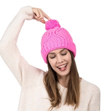 Load image into Gallery viewer, Women Bright Fuchsia Fold-Over Beanie with Pom Pom One Size