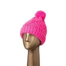 Load image into Gallery viewer, Women Bright Fuchsia Fold-Over Beanie with Pom Pom One Size
