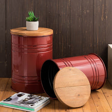 Load image into Gallery viewer, Red Metal Storage Accent Table or Stool with Solid Wood Lid, Set of 2