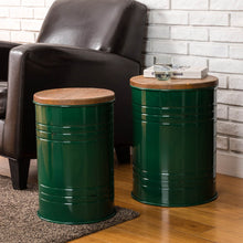 Load image into Gallery viewer, Hunter Green Modern Metal Storage Accent Table or Stool with Solid Wood Lid, Set of 2