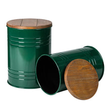 Load image into Gallery viewer, Hunter Green Modern Metal Storage Accent Table or Stool with Solid Wood Lid, Set of 2