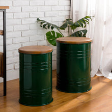 Load image into Gallery viewer, Hunter Green Modern Metal Storage Accent Table or Stool with Solid Wood Lid, Set of 2