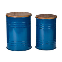 Load image into Gallery viewer, Navy Blue Modern Metal Storage Accent Table or Stool with Solid Wood Lid, Set of 2