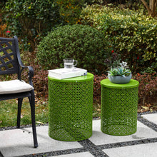 Load image into Gallery viewer, Set of 2 Green Metal Garden Stool or Plant Stand or Accent Table (Multi-functional)