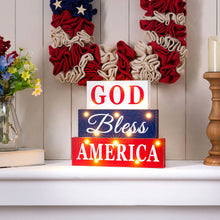 Load image into Gallery viewer, 11.75"L God Bless America Sign Wooden Patriotic Tiered Block with LED Lights