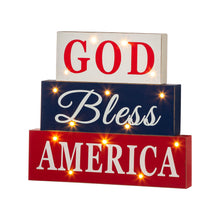 Load image into Gallery viewer, 11.75"L God Bless America Sign Wooden Patriotic Tiered Block with LED Lights