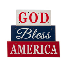 Load image into Gallery viewer, 11.75"L God Bless America Sign Wooden Patriotic Tiered Block with LED Lights