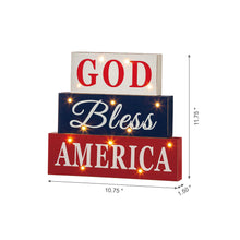 Load image into Gallery viewer, 11.75"L God Bless America Sign Wooden Patriotic Tiered Block with LED Lights