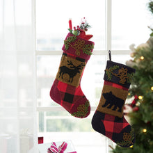 Load image into Gallery viewer, Plaid Stocking With Rug Hooked Stocking(Reindeer& Bear),Set of 2