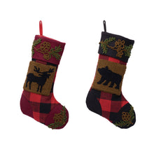 Load image into Gallery viewer, Plaid Stocking With Rug Hooked Stocking(Reindeer& Bear),Set of 2