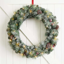Load image into Gallery viewer, 30"D Pre-Lit Glittered Pine Cone Christmas Wreath with 50 Warm White Lights