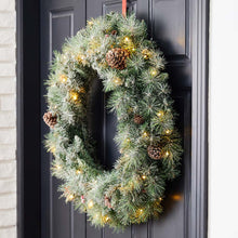 Load image into Gallery viewer, 30"D Pre-Lit Glittered Pine Cone Christmas Wreath with 50 Warm White Lights