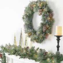 Load image into Gallery viewer, 30"D Pre-Lit Glittered Pine Cone Christmas Wreath with 50 Warm White Lights