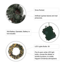 Load image into Gallery viewer, 30"D Pre-Lit Glittered Pine Cone Christmas Wreath with 50 Warm White Lights