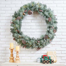 Load image into Gallery viewer, 36"D Oversized Pre-Lit Glittered Pine Cone Christmas Wreath with 50 Warm White Lights