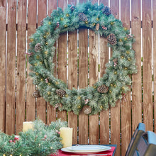 Load image into Gallery viewer, 42"D Oversized Pre-Lit Glittered Pine Cone Christmas Wreath with 70 Warm White Lights