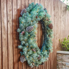 Load image into Gallery viewer, 42"D Oversized Pre-Lit Glittered Pine Cone Christmas Wreath with 70 Warm White Lights