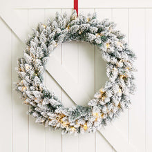 Load image into Gallery viewer, 30"D Pre-Lit Snow Flocked Christmas Wreath with 50 Warm White Lights