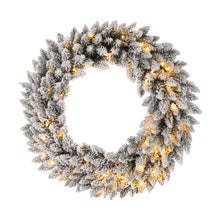 Load image into Gallery viewer, 30"D Pre-Lit Snow Flocked Christmas Wreath with 50 Warm White Lights