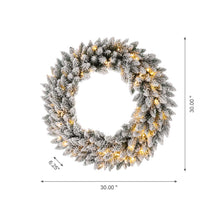 Load image into Gallery viewer, 30"D Pre-Lit Snow Flocked Christmas Wreath with 50 Warm White Lights