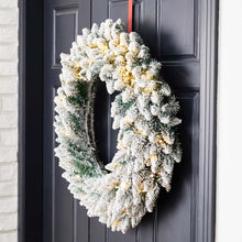 Load image into Gallery viewer, 30"D Pre-Lit Snow Flocked Christmas Wreath with 50 Warm White Lights