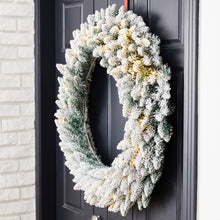 Load image into Gallery viewer, 36"D Oversized Pre-Lit Snow Flocked Christmas Wreath with 60 Warm White Lights