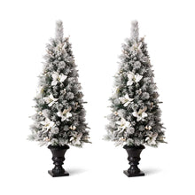 Load image into Gallery viewer, 5ft Pre-Lit Pine Artificial Christmas Porch Tree with 150 Warm White Lights and Poinsettias, Set of 2