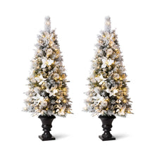 Load image into Gallery viewer, 5ft Pre-Lit Pine Artificial Christmas Porch Tree with 150 Warm White Lights and Poinsettias, Set of 2