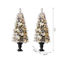 Load image into Gallery viewer, 5ft Pre-Lit Pine Artificial Christmas Porch Tree with 150 Warm White Lights and Poinsettias, Set of 2