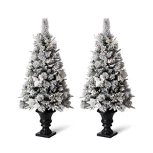 Load image into Gallery viewer, 4ft Pre-Lit Pine Artificial Christmas Porch Tree with 100 Warm White Lights and Poinsettias, Set of 2