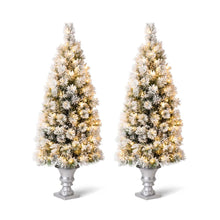 Load image into Gallery viewer, 5ft Pre-Lit Snow Flocked Pine Artificial Christmas Porch Tree with 150 Warm White Lights, Set of 2