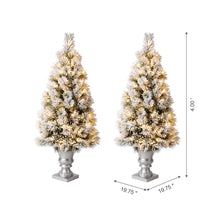 Load image into Gallery viewer, 4ft Pre-Lit Snow Flocked Pine Artificial Christmas Porch Tree with 100 Warm White Lights, Set of 2
