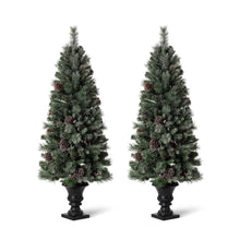 Load image into Gallery viewer, 5ft Pre-Lit Green Flocked Pine Artificial Christmas Porch Tree with 130 Warm White Lights, Set of 2