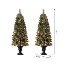 Load image into Gallery viewer, 5ft Pre-Lit Green Flocked Pine Artificial Christmas Porch Tree with 130 Warm White Lights, Set of 2