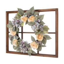 Load image into Gallery viewer, 28"H Wooden Window Frame with 22"D Hydrangea Rose Wreath