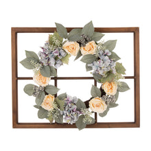 Load image into Gallery viewer, 28"H Wooden Window Frame with 22"D Hydrangea Rose Wreath