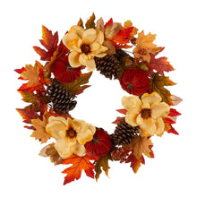 Load image into Gallery viewer, 22"D Blooming Magnolia Wreath with Velvet Pumpkin and Pinecone